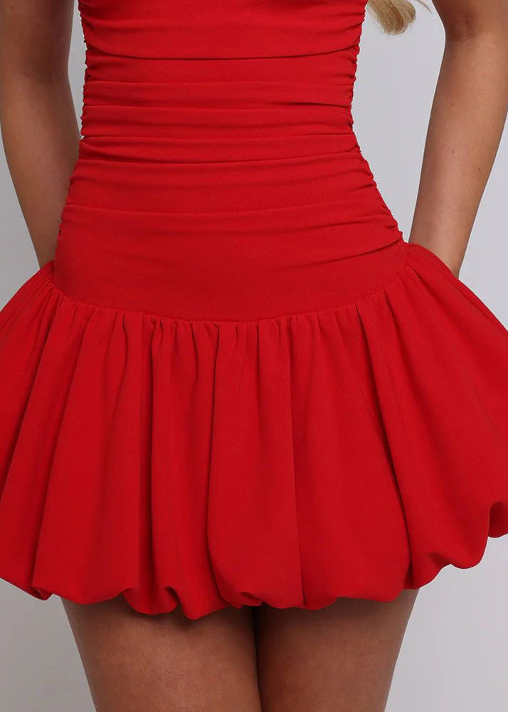 Women Red Wrinkled Patchwork Cotton Strapless Dresses Summer