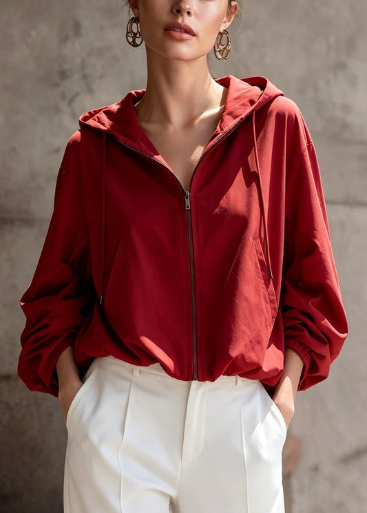Women Red Zip Up Pockets Hooded Short Coats Fall