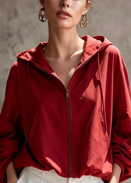Women Red Zip Up Pockets Hooded Short Coats Fall