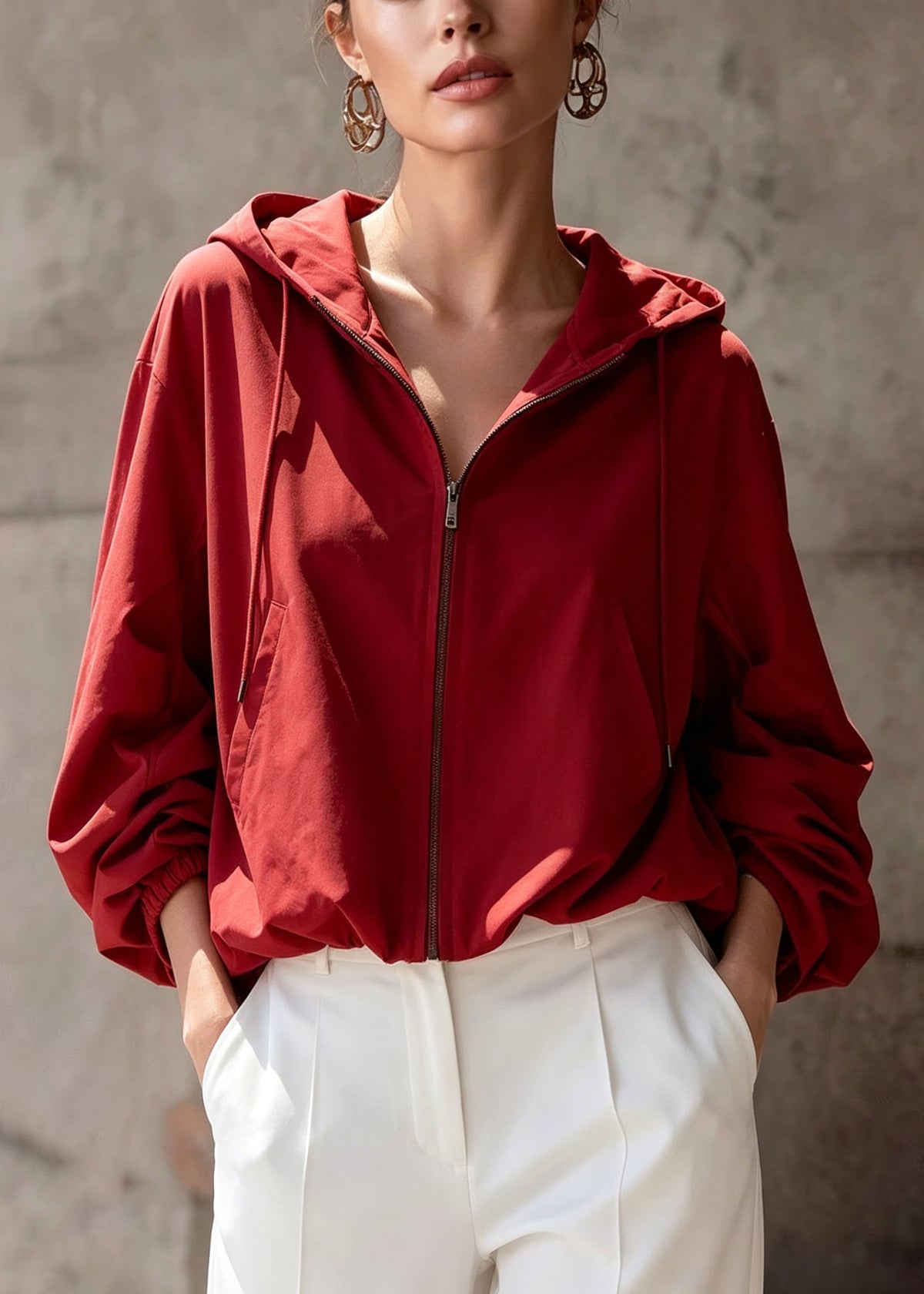 Women Red Zip Up Pockets Hooded Short Coats Fall