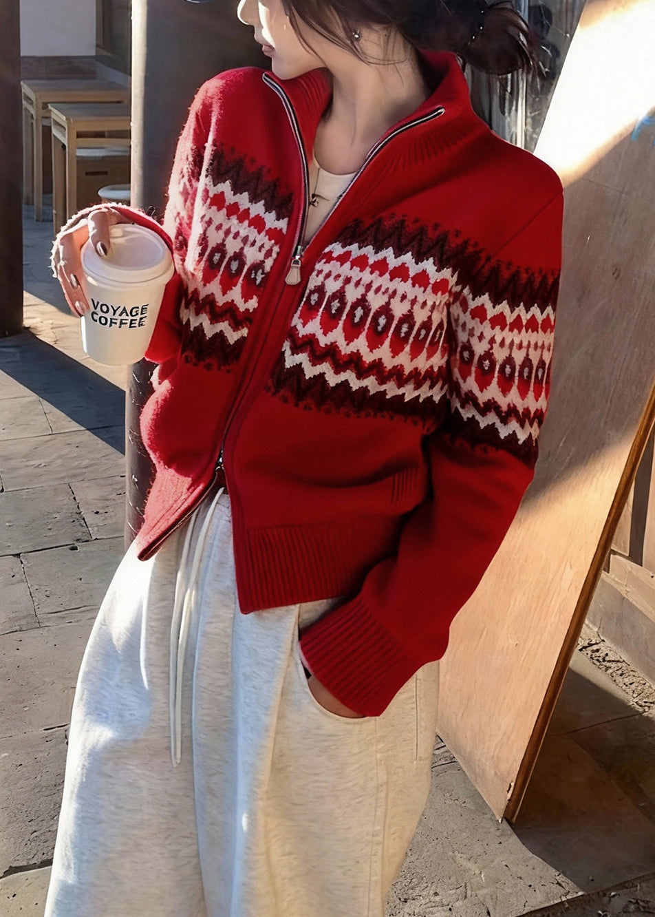 Women Red Zip Up Print Knit Cardigans Spring