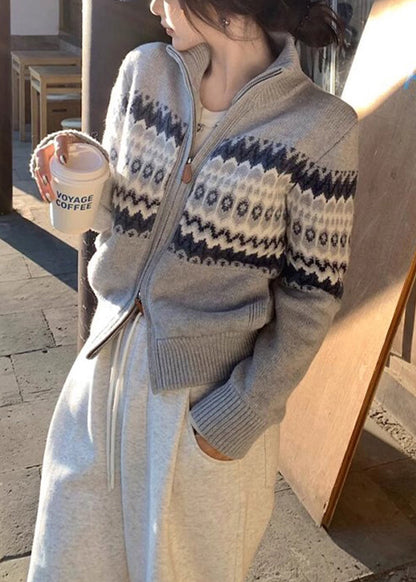 Women Red Zip Up Print Knit Cardigans Spring