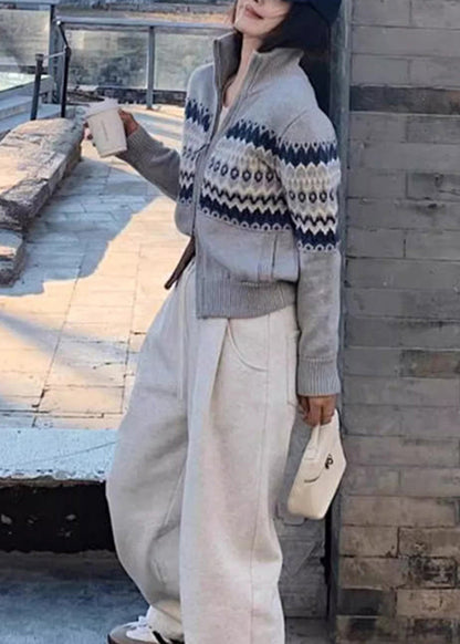 Women Red Zip Up Print Knit Cardigans Spring