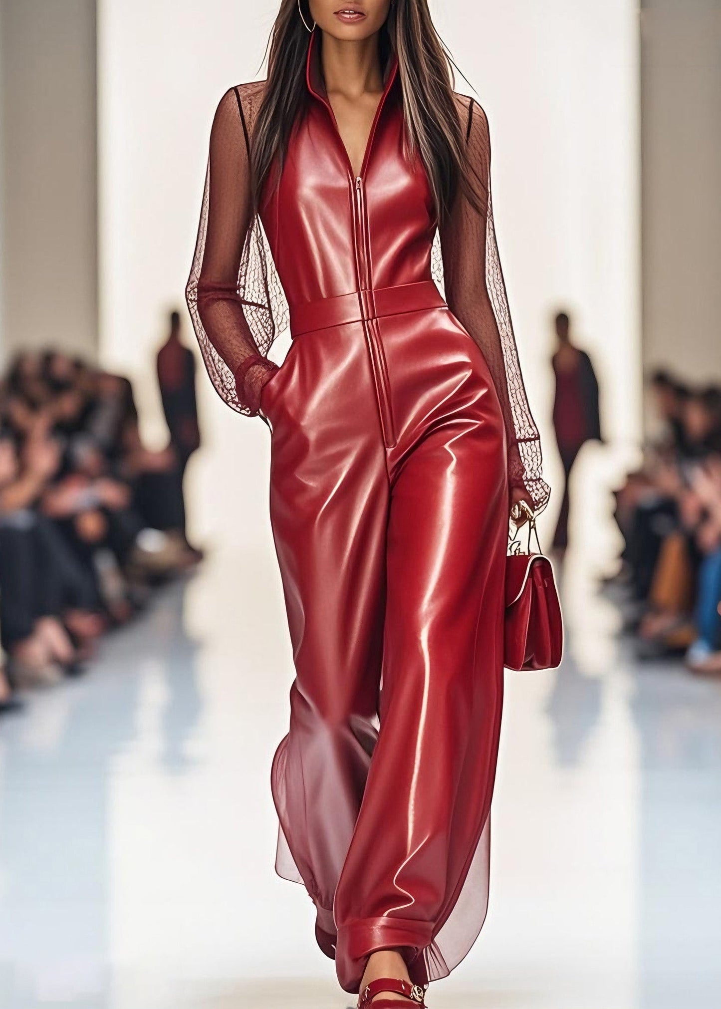 Women Red Zip Up Tulle Patchwork Faux Leather Jumpsuit Summer