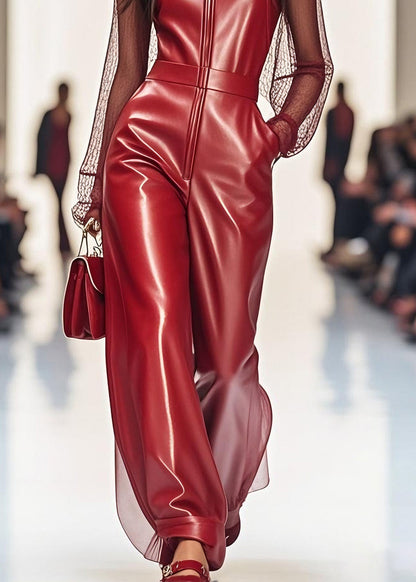 Women Red Zip Up Tulle Patchwork Faux Leather Jumpsuit Summer
