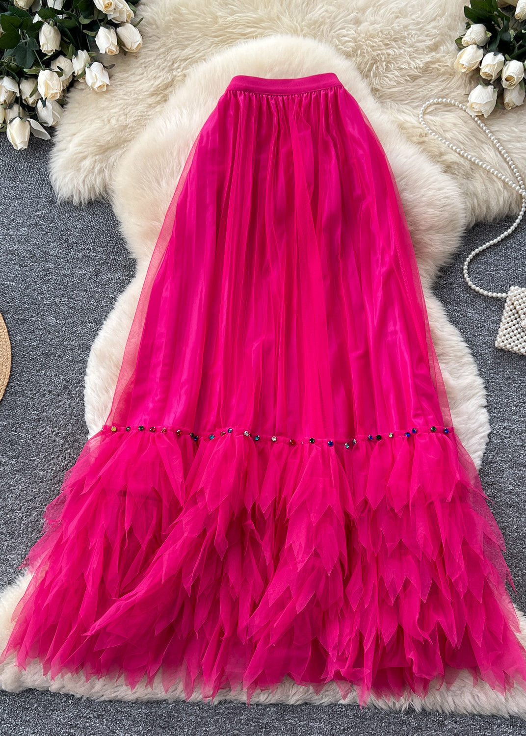 Women Rose Elastic Waist Patchwork Tulle Skirts Summer