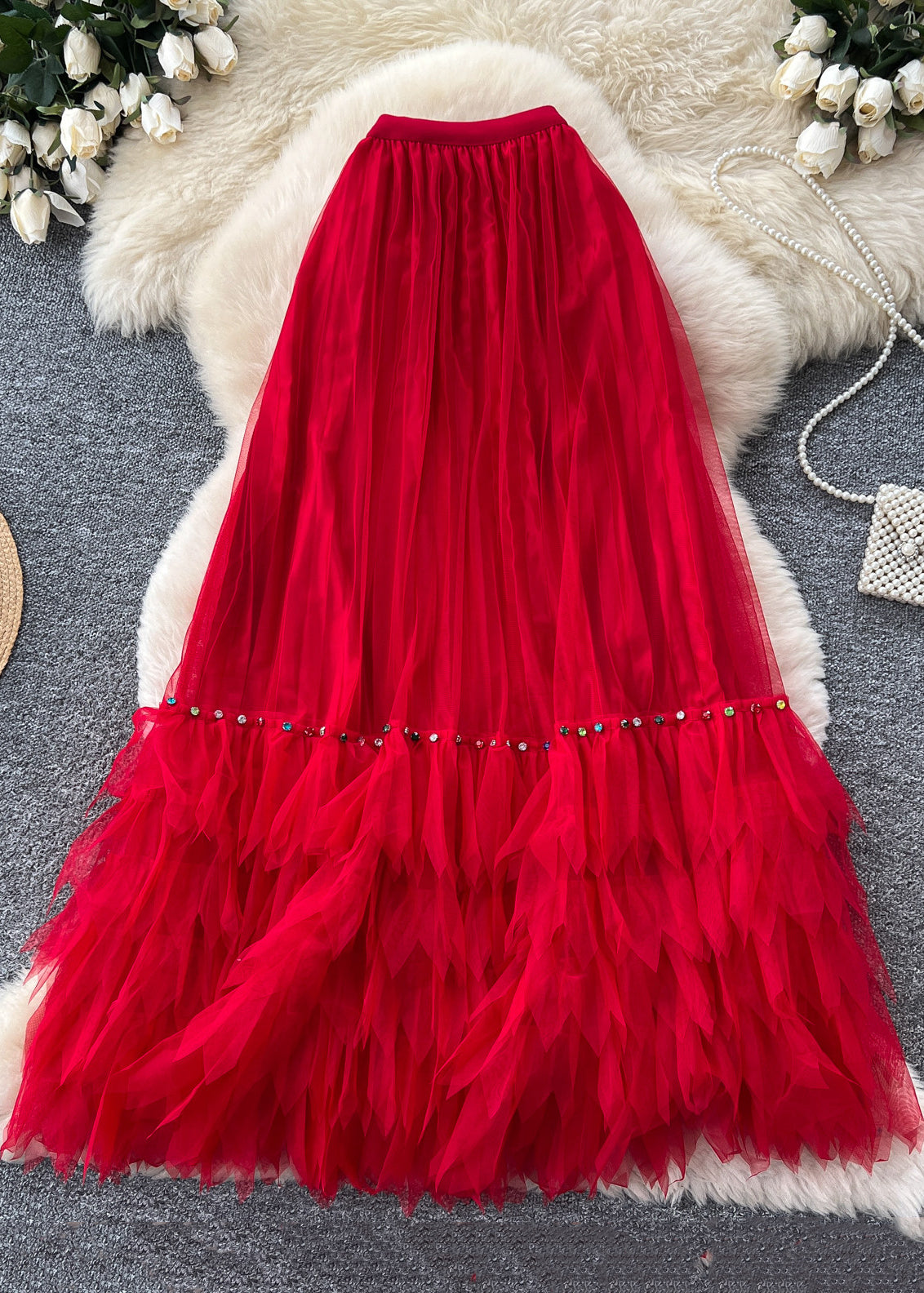 Women Rose Elastic Waist Patchwork Tulle Skirts Summer