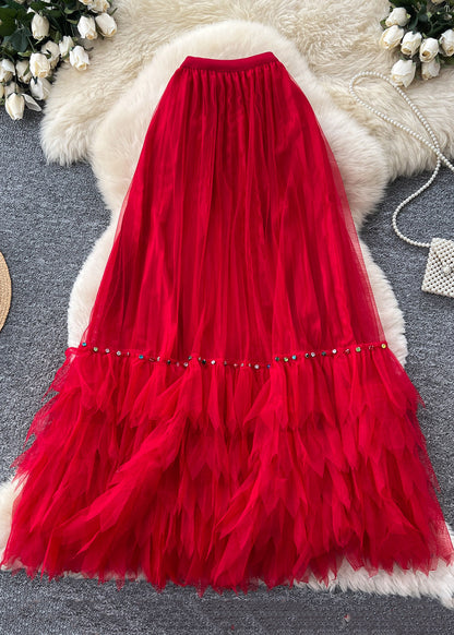 Women Rose Elastic Waist Patchwork Tulle Skirts Summer
