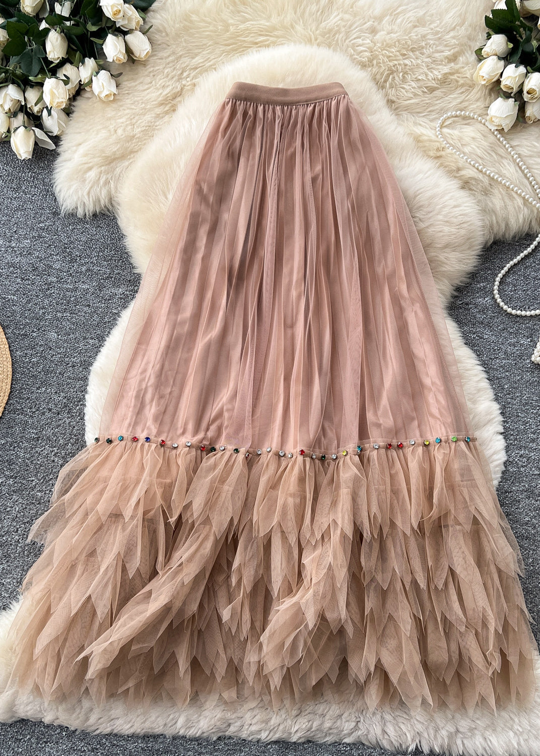 Women Rose Elastic Waist Patchwork Tulle Skirts Summer