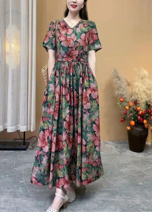 Women Rose Floral Cotton Long Dress Cinched Summer