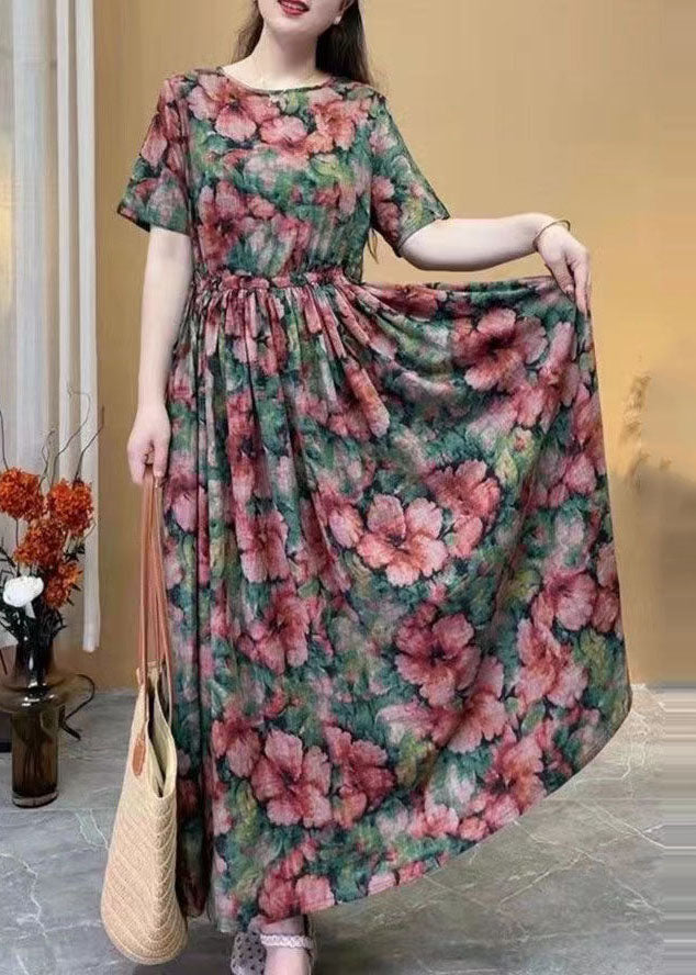 Women Rose Floral Cotton Long Dress Cinched Summer