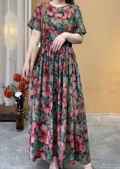 Women Rose Floral Cotton Long Dress Cinched Summer