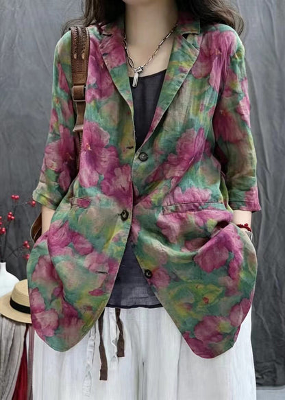Women Rose Green Print Notched Jackets Bracelet Sleeve