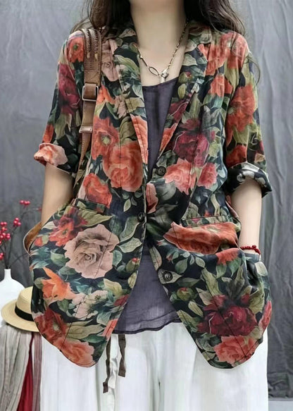 Women Rose Green Print Notched Jackets Bracelet Sleeve