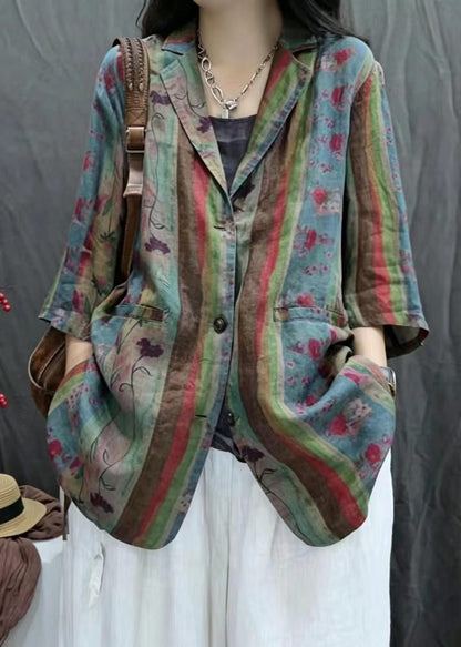 Women Rose Green Print Notched Jackets Bracelet Sleeve
