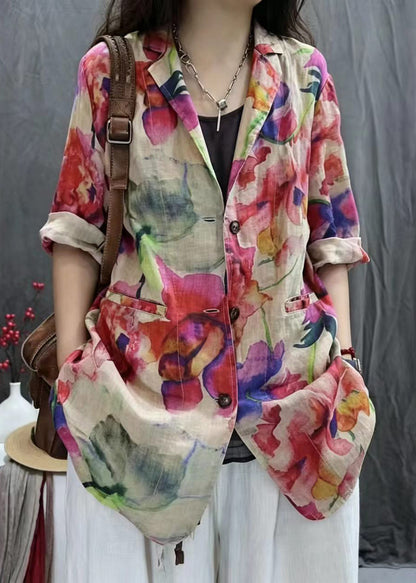 Women Rose Green Print Notched Jackets Bracelet Sleeve