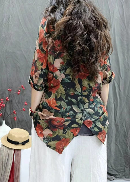 Women Rose Green Print Notched Jackets Bracelet Sleeve
