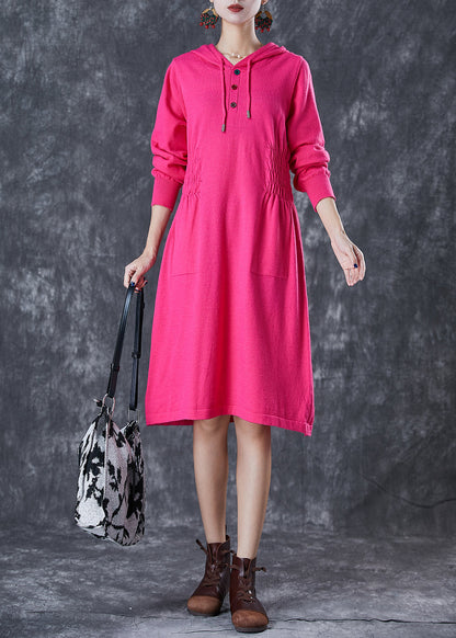 Women Rose Hooded Elastic Waist Knit Dresses Fall