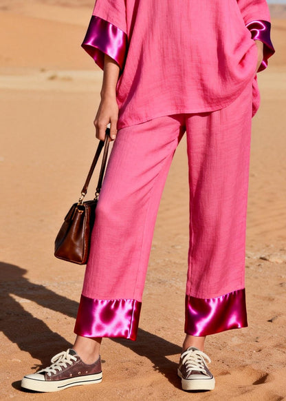 Women Rose Oversized Patchwork Silk Cotton Women Sets 2 Pieces