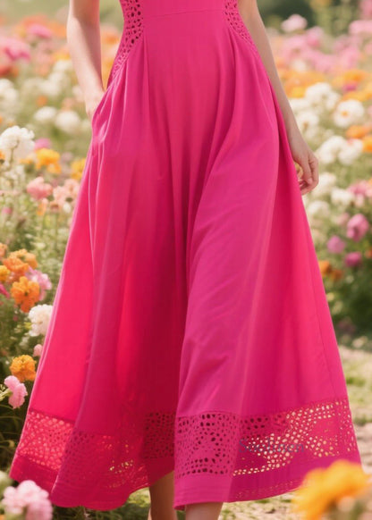 Women Rose Patchwork Hollow Out Cotton Long Dress Summer