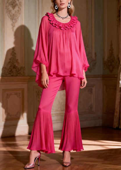Women Rose Ruffled Low High Design Chiffon Two Piece Set Spring