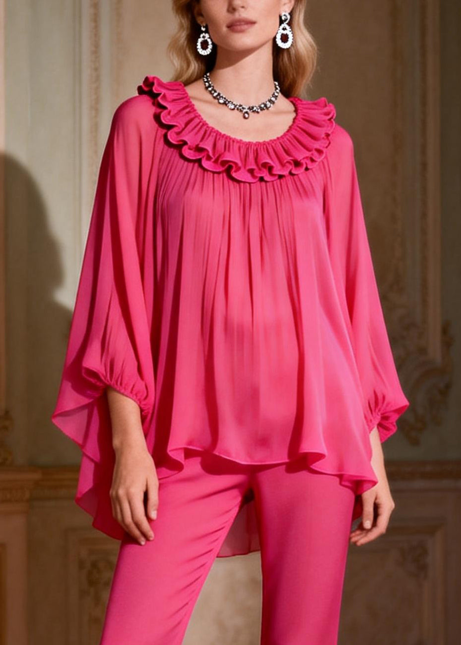 Women Rose Ruffled Low High Design Chiffon Two Piece Set Spring