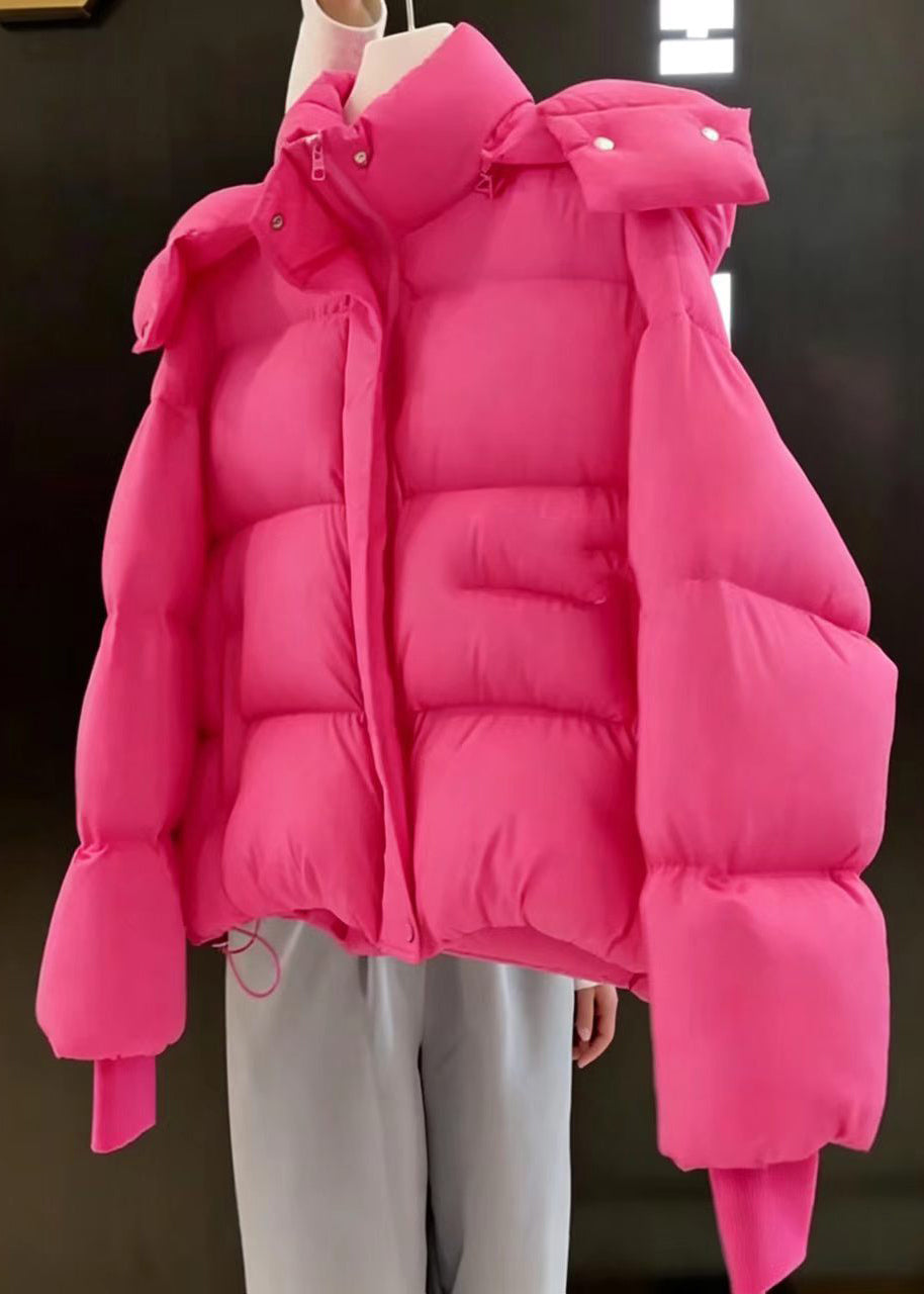 Women Rose Stand Collar Hooded Cotton Filled Puffers Jackets Winter