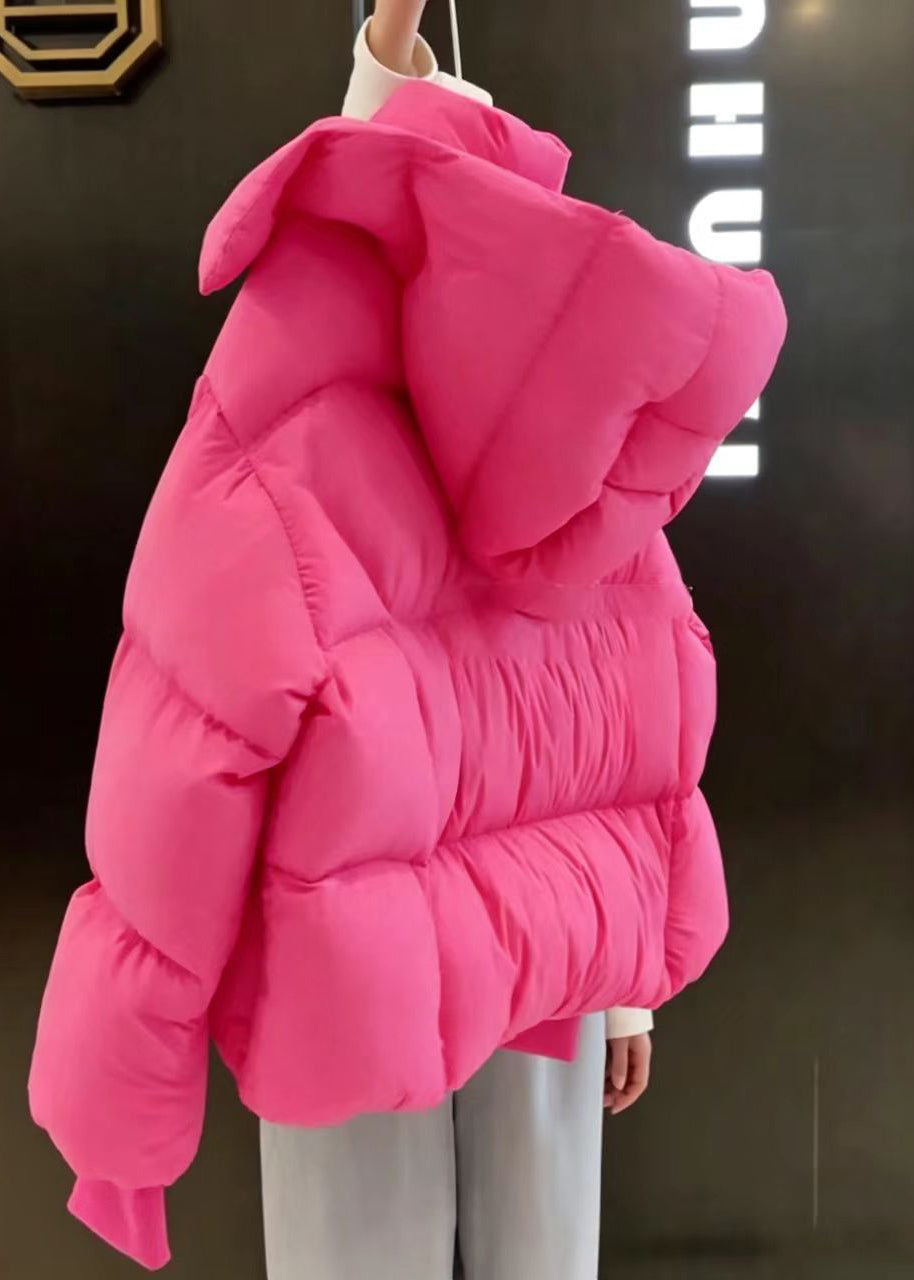 Women Rose Stand Collar Hooded Cotton Filled Puffers Jackets Winter