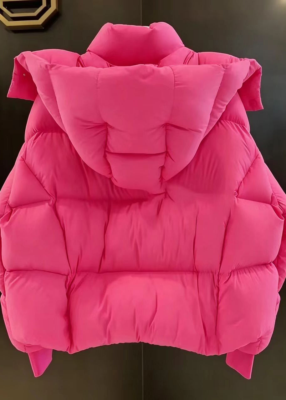 Women Rose Stand Collar Hooded Cotton Filled Puffers Jackets Winter