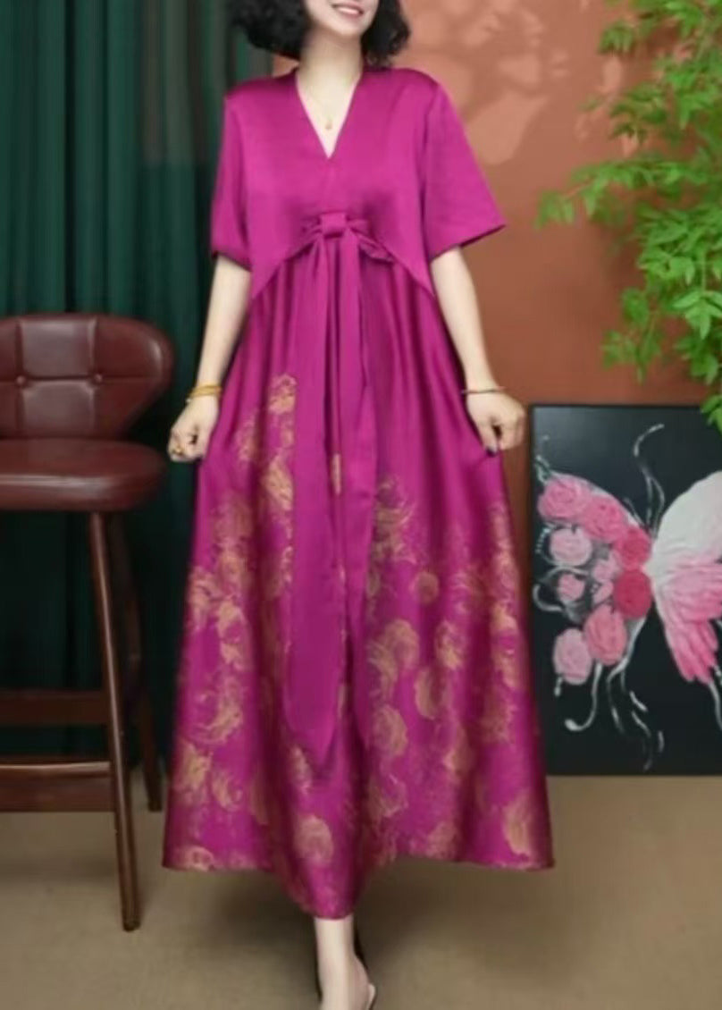 Women Rose V Neck Print Patchwork Silk Long Dress Summer