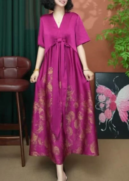 Women Rose V Neck Print Patchwork Silk Long Dress Summer