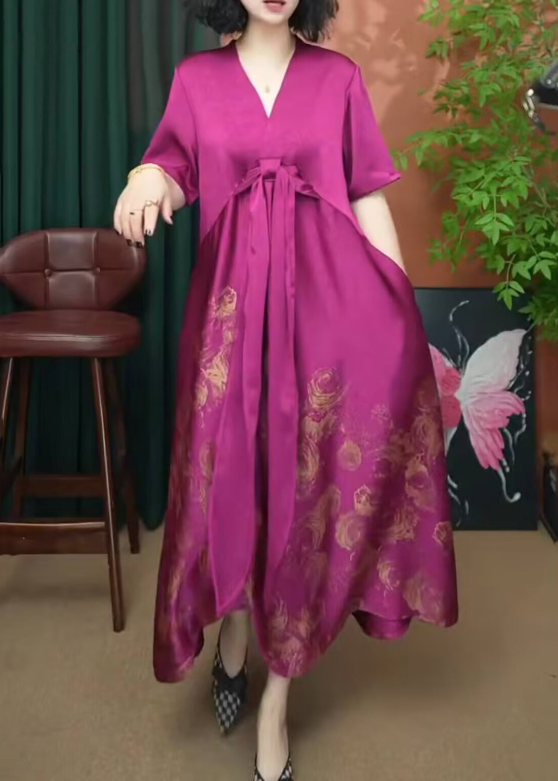 Women Rose V Neck Print Patchwork Silk Long Dress Summer