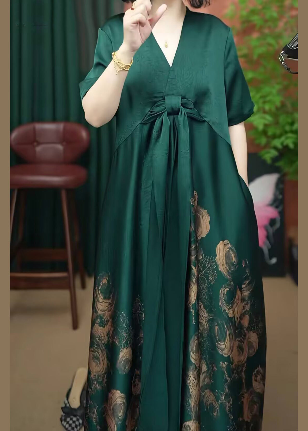 Women Rose V Neck Print Patchwork Silk Long Dress Summer