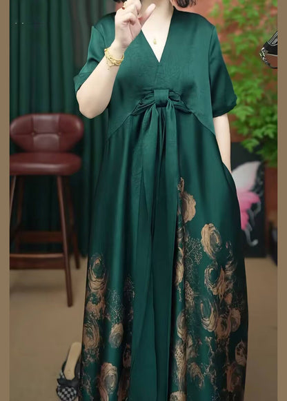 Women Rose V Neck Print Patchwork Silk Long Dress Summer