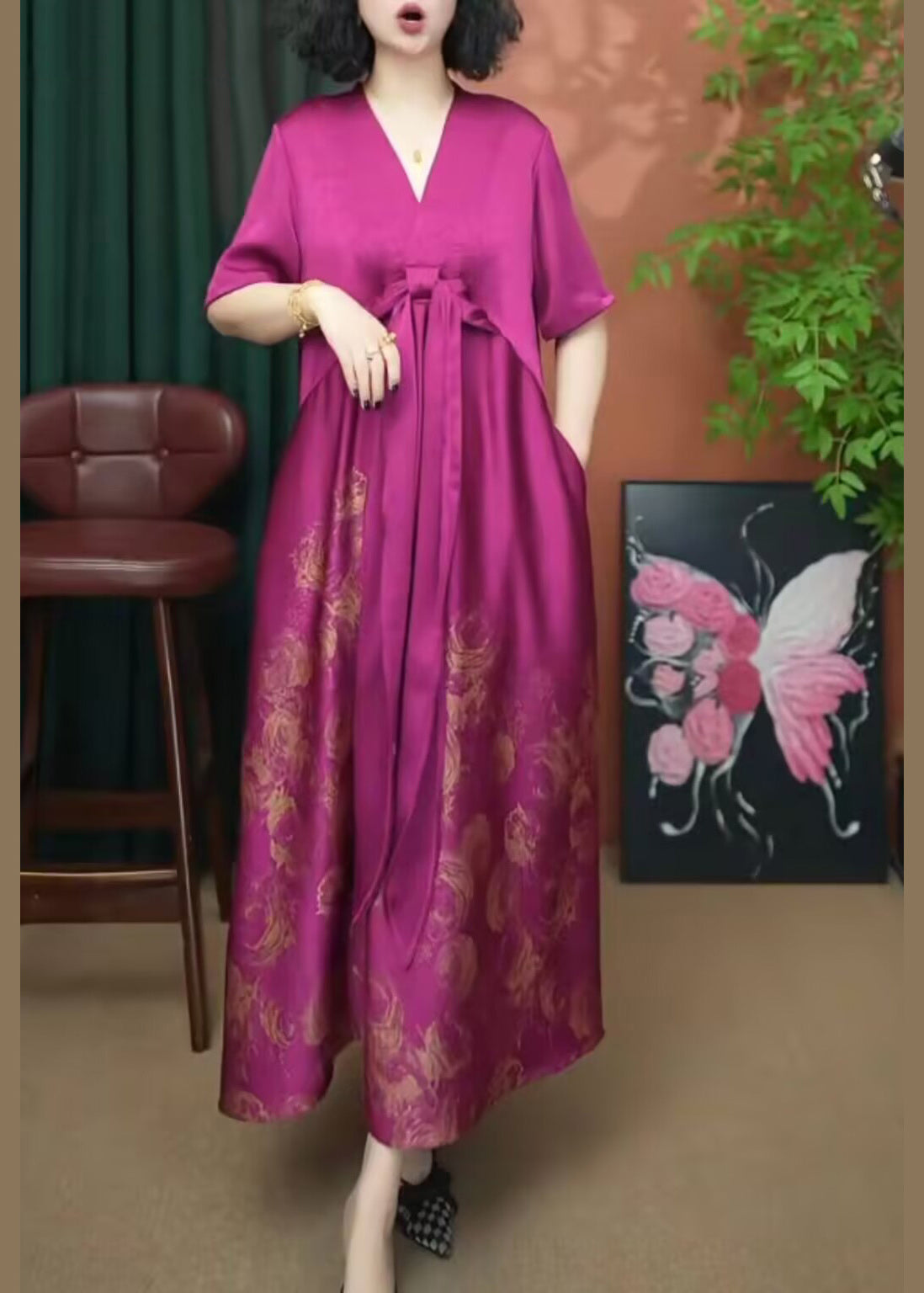 Women Rose V Neck Print Patchwork Silk Long Dress Summer