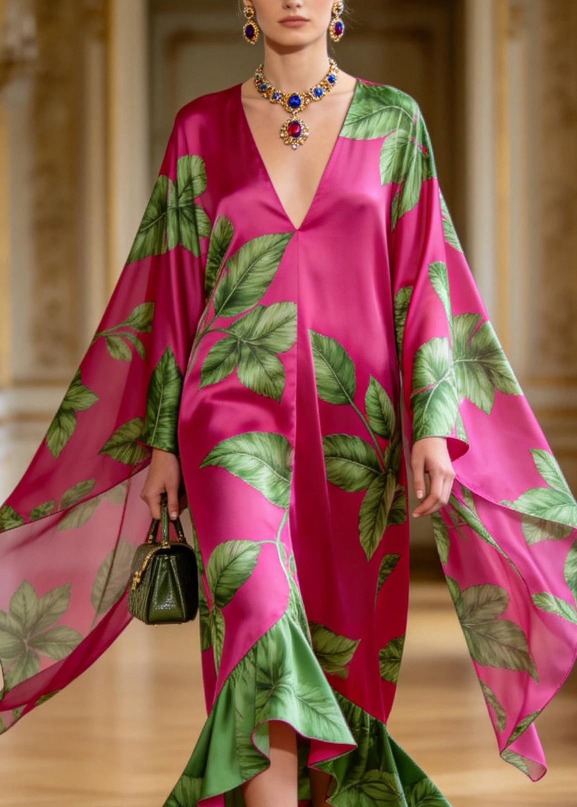 Women Rose V Neck Print Ruffled Patchwork Chiffon Dress Summer