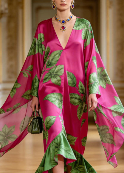 Women Rose V Neck Print Ruffled Patchwork Chiffon Dress Summer