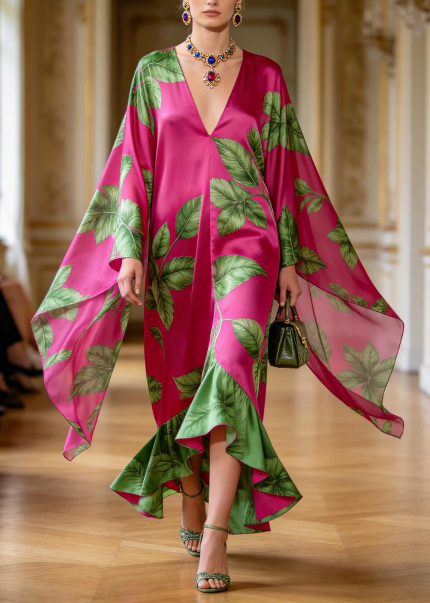 Women Rose V Neck Print Ruffled Patchwork Chiffon Dress Summer