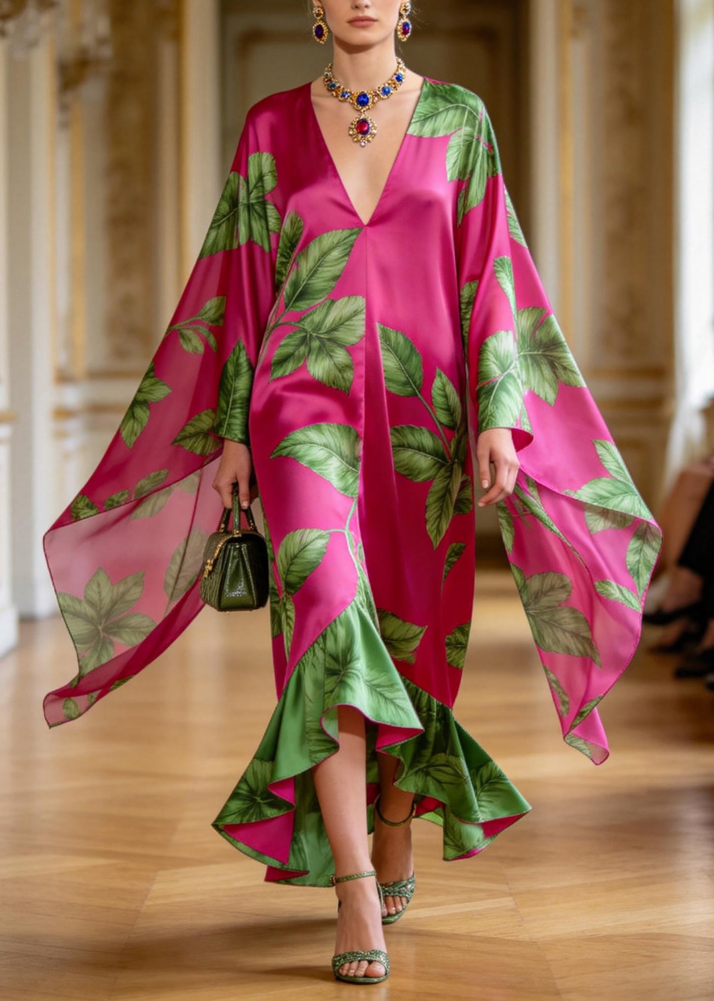 Women Rose V Neck Print Ruffled Patchwork Chiffon Dress Summer