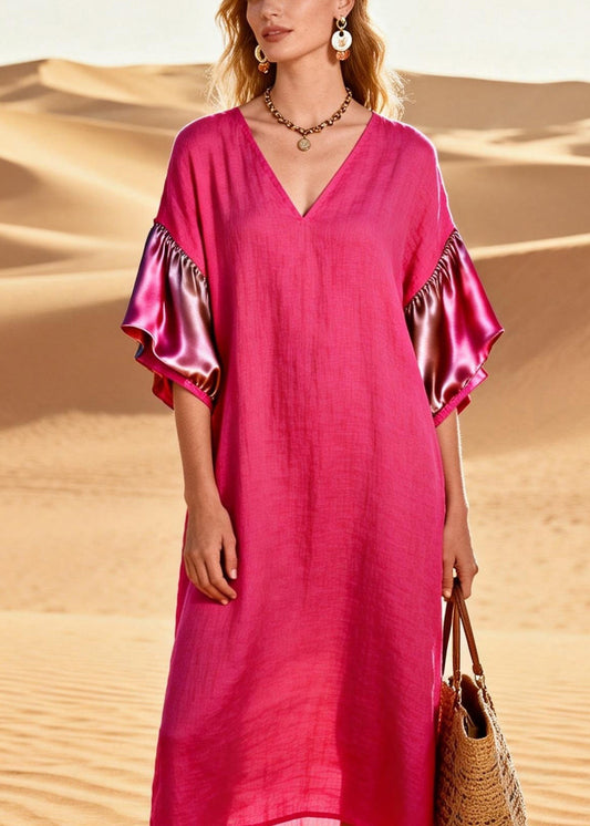 Women Rose V Neck Silk Patchwork Linen Dress Summer