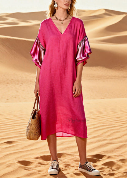 Women Rose V Neck Silk Patchwork Linen Dress Summer