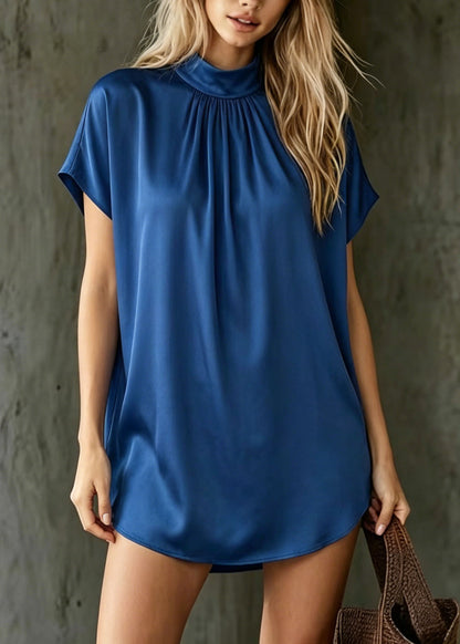 Women Royal Blue Stand Collar Silk Top Summer