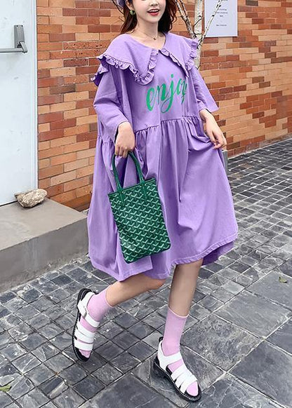 Women Ruffled Batwing Sleeve dress purple Letter Dresses - SooLinen