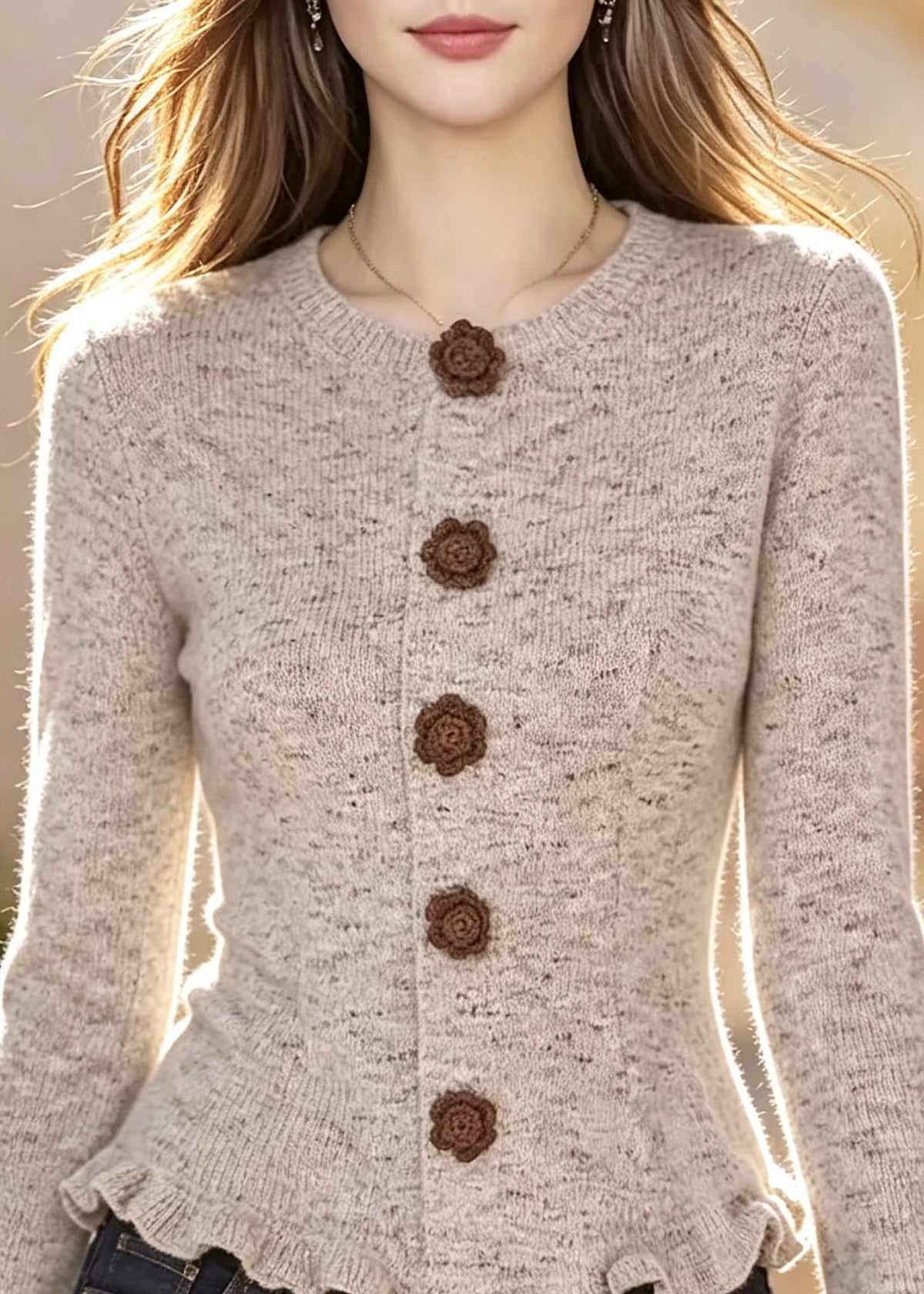 Women Ruffled Patchwork Cotton Knit Cardigans Flare Sleeve
