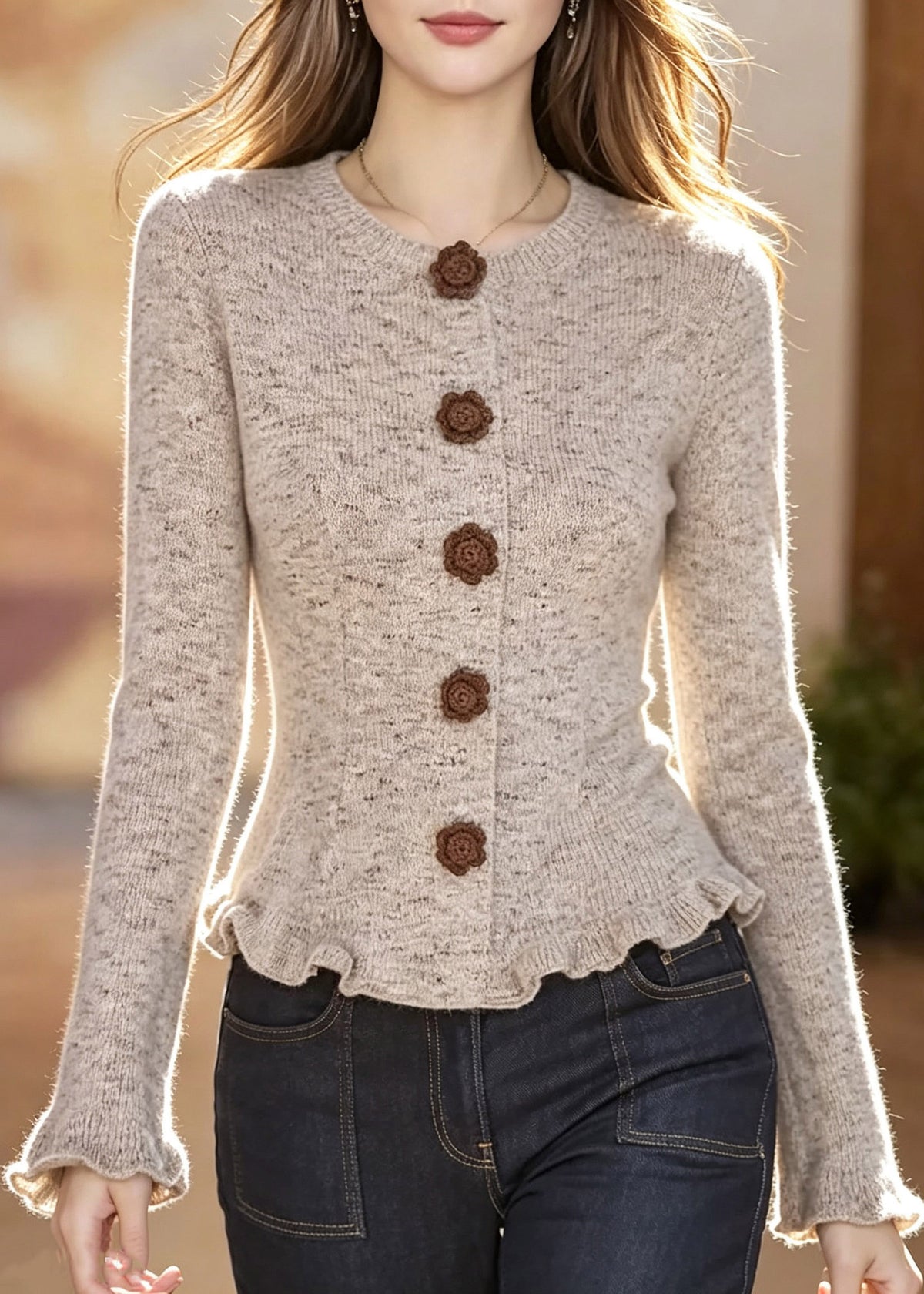 Women Ruffled Patchwork Cotton Knit Cardigans Flare Sleeve