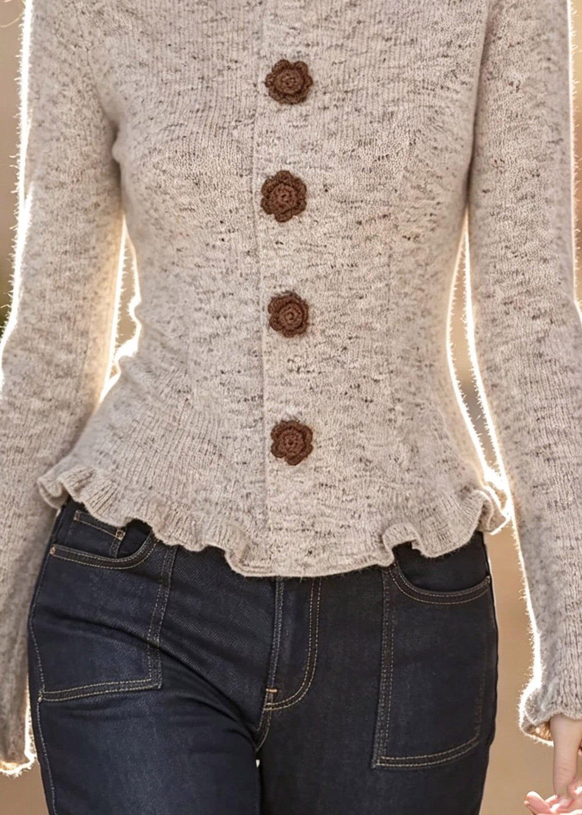 Women Ruffled Patchwork Cotton Knit Cardigans Flare Sleeve