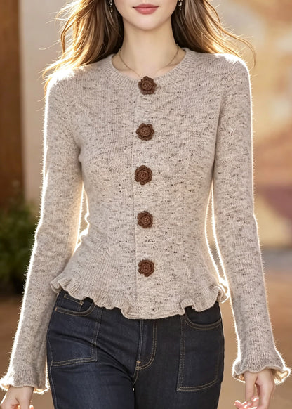 Women Ruffled Patchwork Cotton Knit Cardigans Flare Sleeve