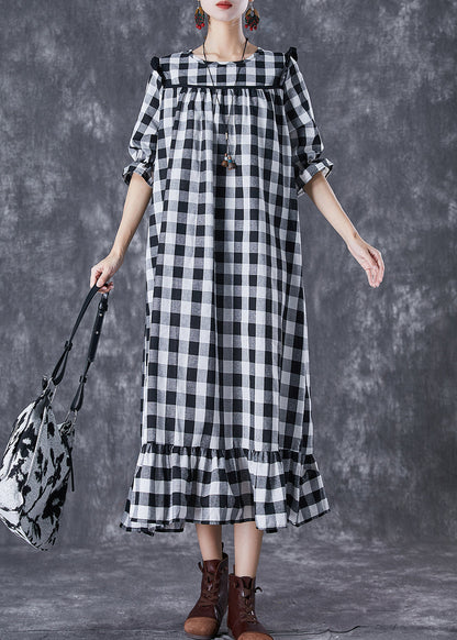 Women Ruffled Patchwork Plaid Cotton Ankle Dress Summer