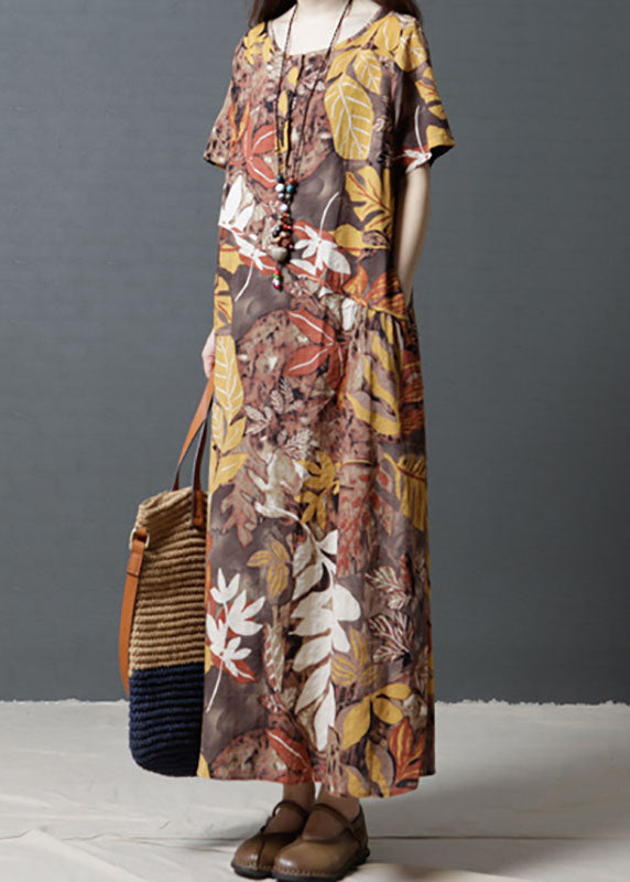 Women Short Sleeve Crew Neck Floral Cotton Vintage Maxi Dress