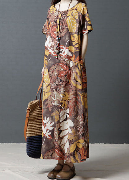 Women Short Sleeve Crew Neck Floral Cotton Vintage Maxi Dress